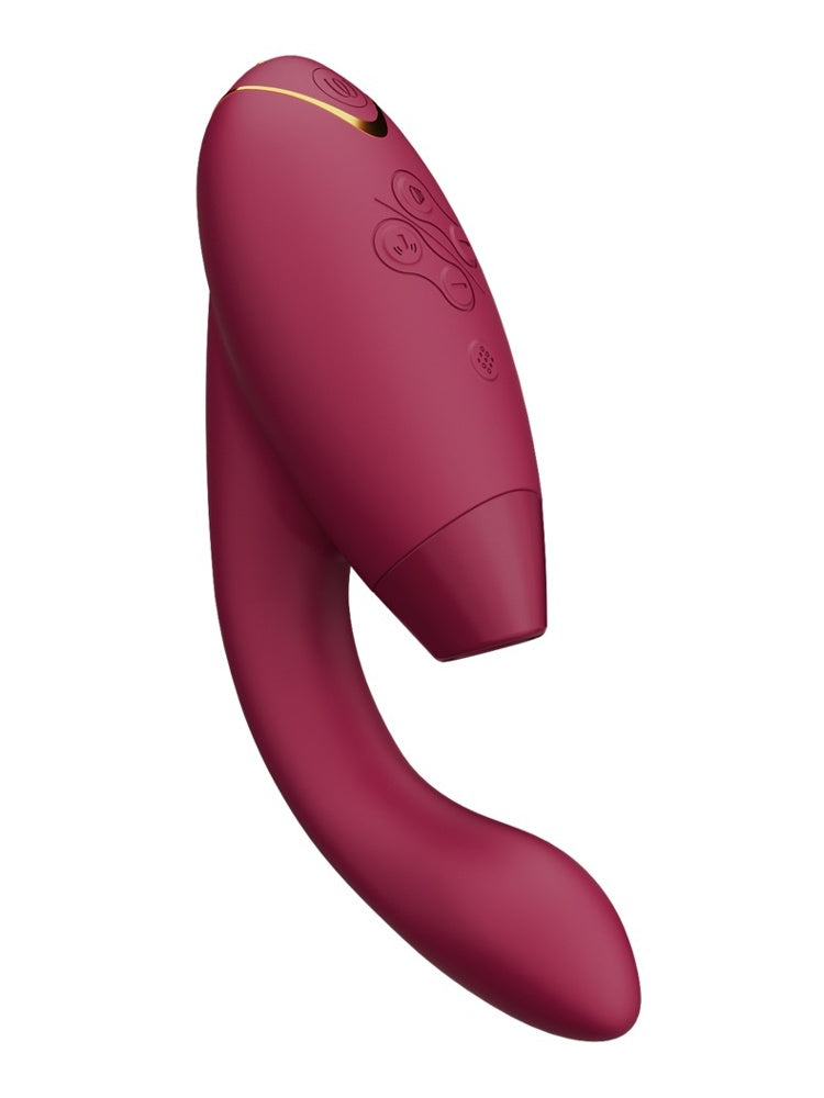 Womanizer Duo 2 rød vinkelvisning – viser kontrollknapper og ergonomisk design