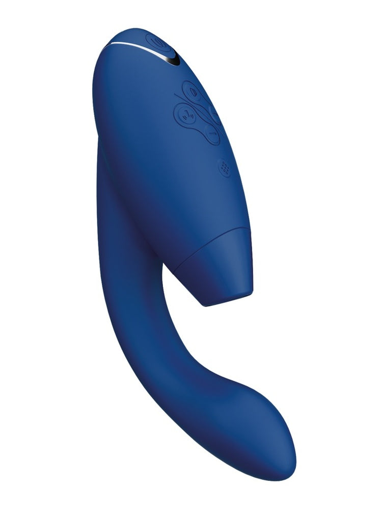 Womanizer Duo 2 stående vinkel – viser kontrollknapper og fleksibel vibratorarm