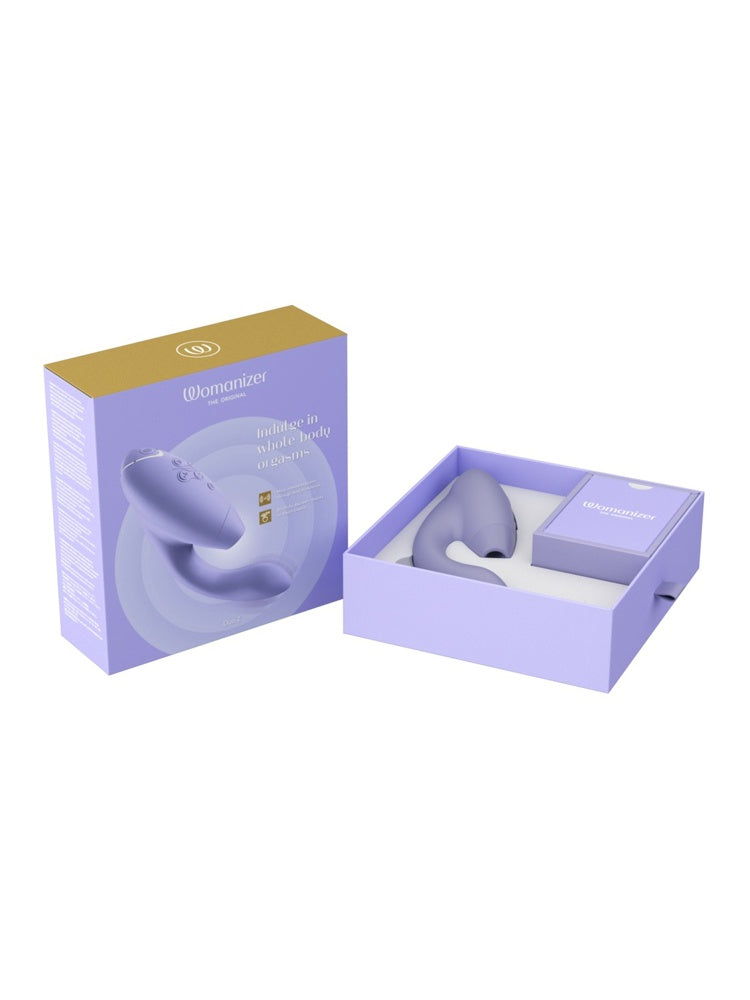 Emballasje Womanizer Duo 2 lilla – produkt og eske med innhold