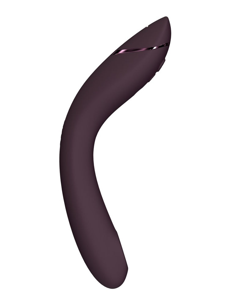 Womanizer OG i aubergine, sett forfra med S-form og stimulatorhode.