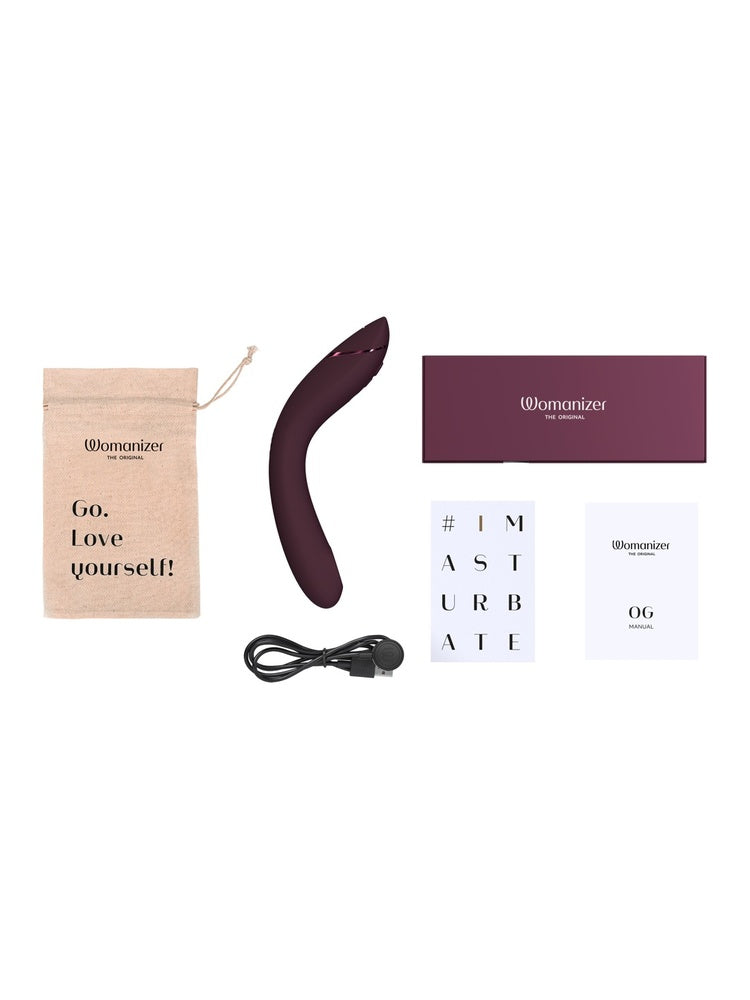 Innhold i pakken: Womanizer OG, ladekabel, oppbevaringspose og guider.