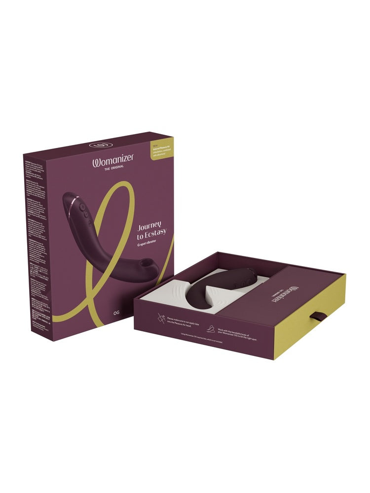Emballasje og åpen eske med produktet i aubergine.
