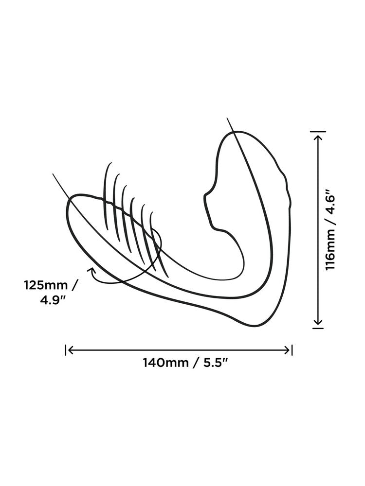 ROMP Reverb – målskisse av G-punktvibratoren: 140 mm lang og 116 mm høy