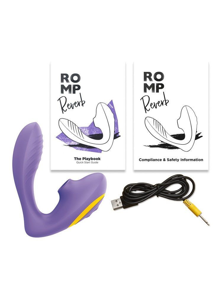 ROMP Reverb – innhold i esken: vibrator, USB-ladekabel, hurtigstartguide og sikkerhetsinformasjon