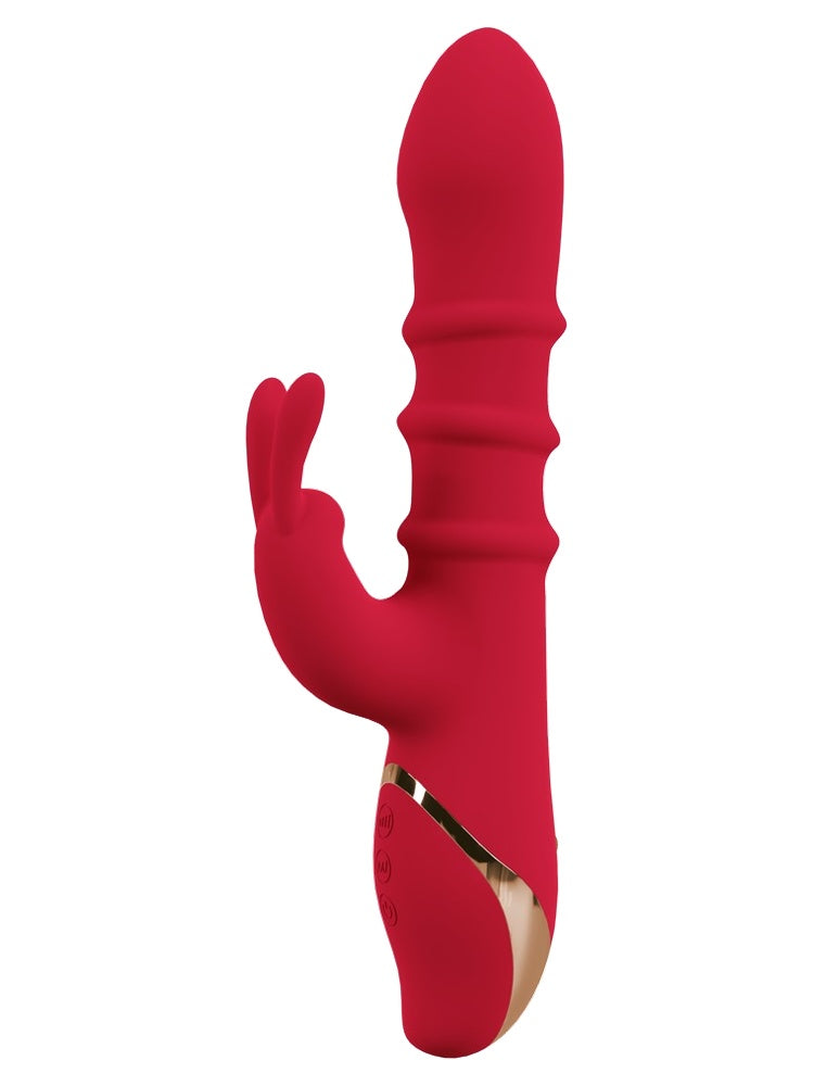 Rabbitvibrator sett forfra – viser tre kontrollknapper og dobbel klitorisarm.