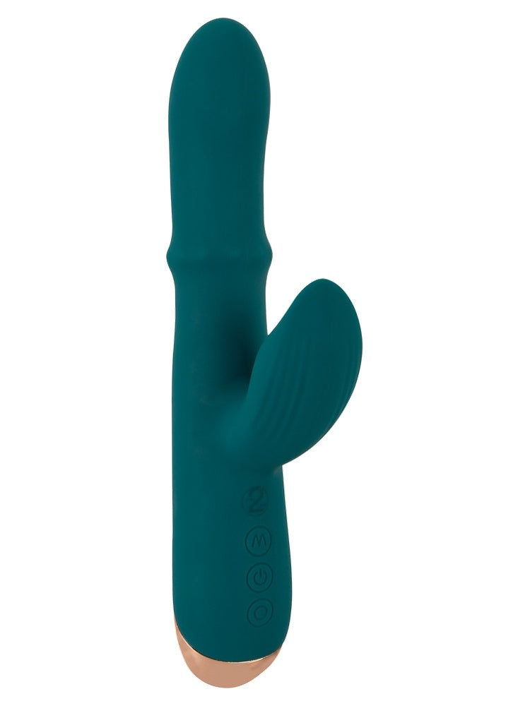 You2Toys Thumping Rabbitvibrator sett fra siden – petrolfarget/mørkegrønn silikon med bred klitorisarm og gullfarget base.