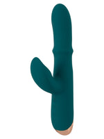 Thumping Rabbitvibrator sett fra høyre side – viser buet klitorisarm og gullfarget håndtak.