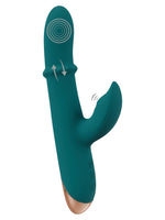 Illustrasjon med piler og symboler som viser vibrasjon i hodet, bevegelig ring på skaftet og thumping-funksjon i klitorisarmen.