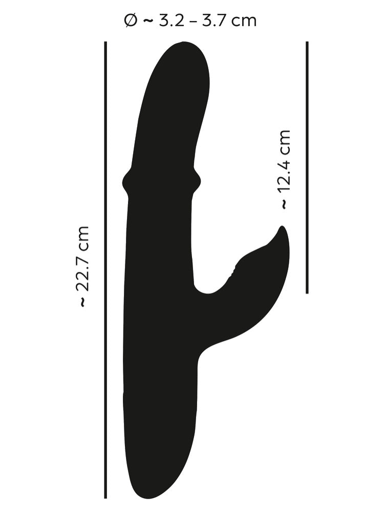 Silhuettbilde med mål: total lengde ca. 22,7 cm, klitorisarm ca. 12,4 cm og diameter ca. 3,2–3,7 cm.