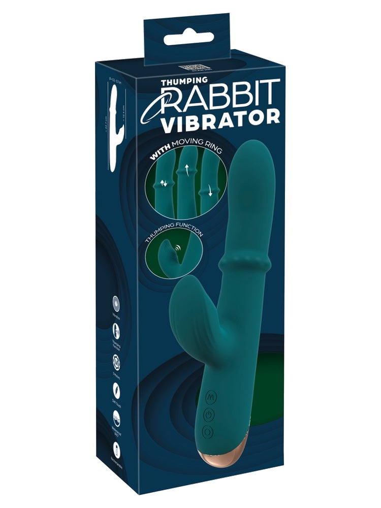 You2Toys Thumping Rabbit Vibrator i originalemballasje – mørkeblå produkteske med teksten “With Moving Ring” og “Thumping Function”.