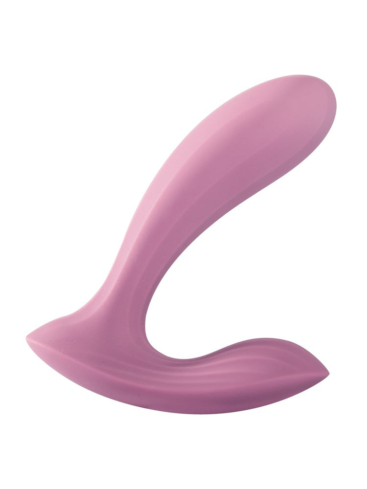 Svakom Erica trusevibrator, sett fra siden i skrå vinkel, med buet innføringsdel og flat ekstern stimuleringsdel