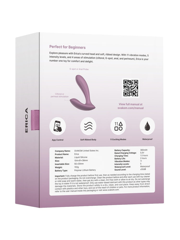 Baksiden av produktesken til Svakom Erica trusevibrator med tekniske spesifikasjoner, bruksinformasjon og ikoner for appstyring, vibrasjonsmoduser og vanntetthet