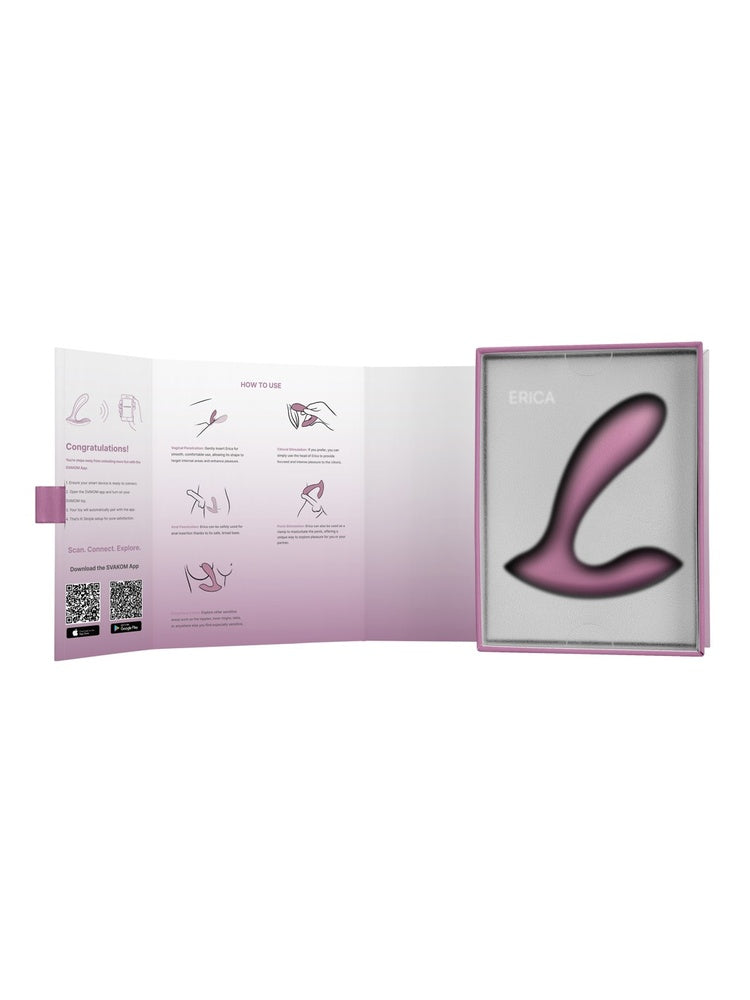 Åpen produkteske til Svakom Erica trusevibrator med bruksanvisning til venstre og produktet plassert i innlegget