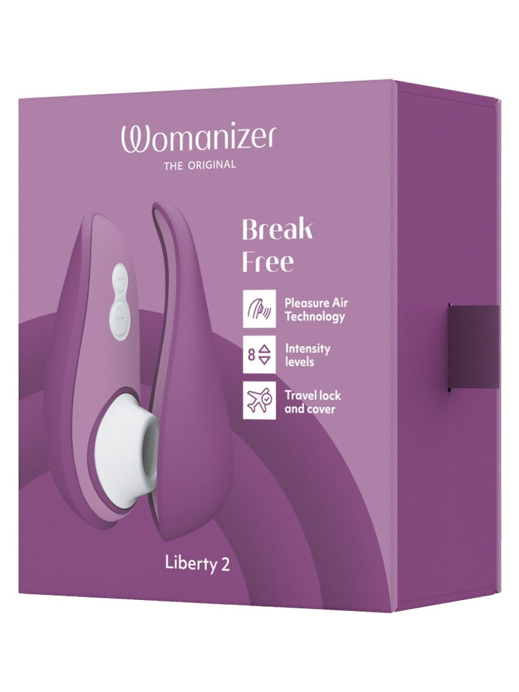 Side av Womanizer Liberty 2-esken – flerspråklig produktinformasjon og tekniske spesifikasjoner