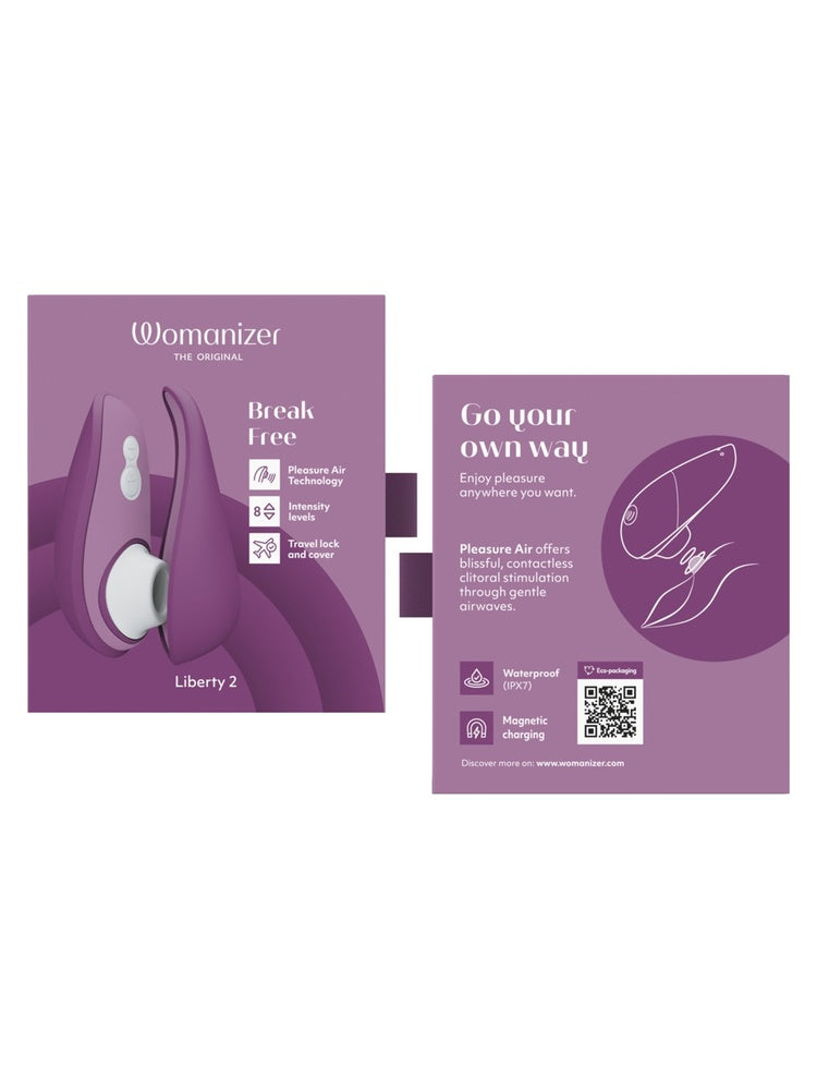 For- og bakside av Womanizer Liberty 2-emballasjen – viser funksjoner som Pleasure Air Technology, intensitetsnivåer og vanntetthet