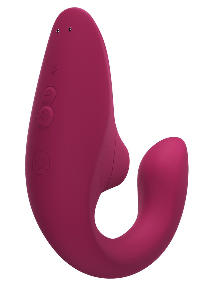 Womanizer Blend vibrator i vibrant pink, sett bakfra med ladeport og knapper
