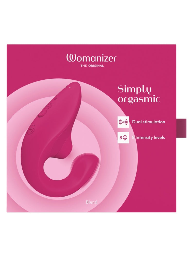 Forsiden av Womanizer Blend-esken i vibrant pink med produktnavn og funksjoner