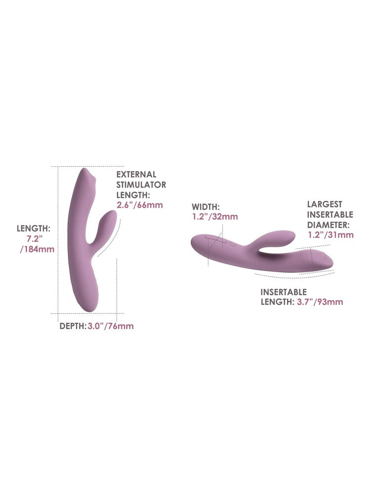 Rabbit vibrator med mål og dimensjoner for lengde, bredde og innføringsdybde
