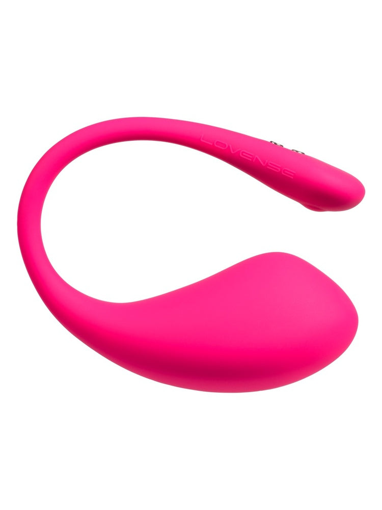 Lovense Lush 3 sett forfra, med C-formet design i magenta silikon, kontrollenhet øverst og eggeformet innsettingsdel nederst.