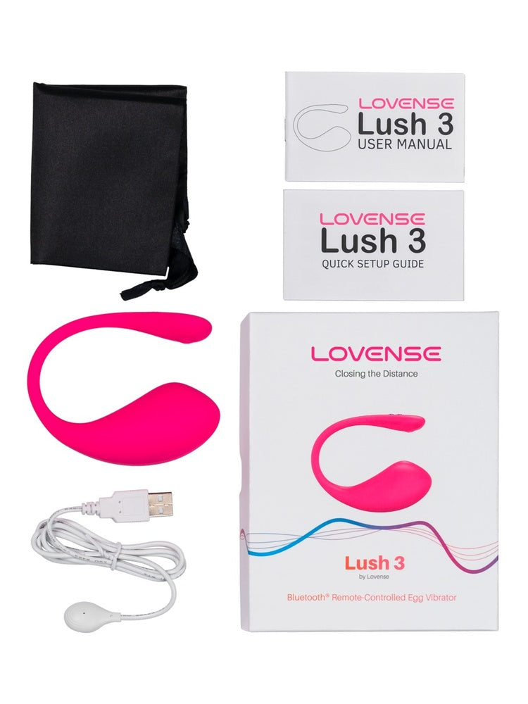 Innhold i pakken: Lovense Lush 3, oppbevaringspose, USB-ladekabel, bruksanvisning, hurtigstartguide og eske.