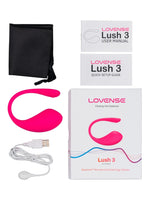 Innhold i pakken: Lovense Lush 3, oppbevaringspose, USB-ladekabel, bruksanvisning, hurtigstartguide og eske.