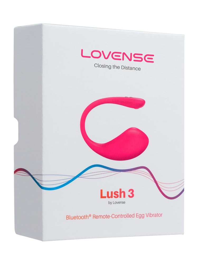Forside av emballasjen – hvit eske med produktbilde og teksten «Lush 3 – Bluetooth Remote-Controlled Egg Vibrator».