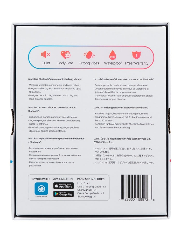 Bakside av emballasjen med produktinformasjon og ikoner for stillegående drift, kroppssikkert materiale, sterke vibrasjoner, IPX7 vanntetthet og 1 års garanti.