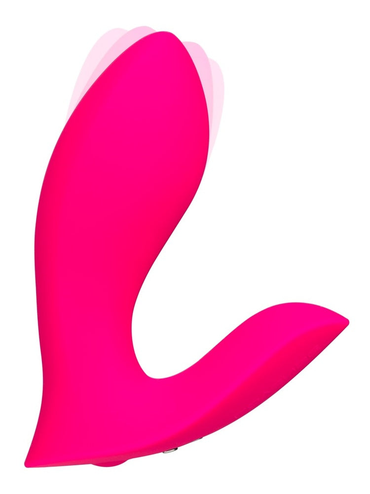 Lovense Flexer sett fra siden, med illustrasjon som viser G-punkt-armens frem- og tilbakebevegelse.
