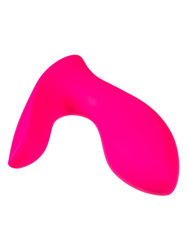 Lovense Flexer sett ovenfra i skrå vinkel, som viser den brede formen med G-punkt-arm og klitorisarm.