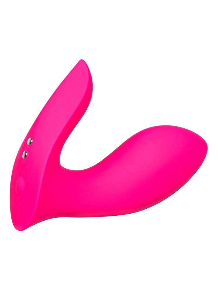 Lovense Flexer sett fra siden, med magnetiske ladekontakter og av/på-knapp på forbindelsesdelen.
