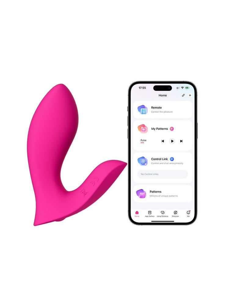 Lovense Flexer ved siden av smarttelefon som viser Lovense Remote-appen med funksjoner som Remote, My Patterns, Control Link og Patterns.
