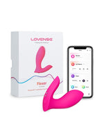 Lovense Flexer ved siden av produkteske og smarttelefon som viser Lovense Remote-appen med funksjoner som Remote, My Patterns og Music.