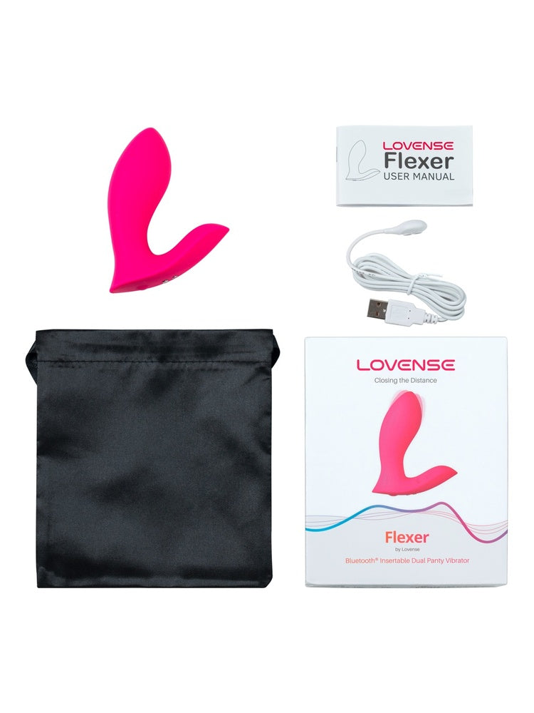 Innhold i pakken: Lovense Flexer, oppbevaringspose, USB-ladekabel, bruksanvisning og eske.