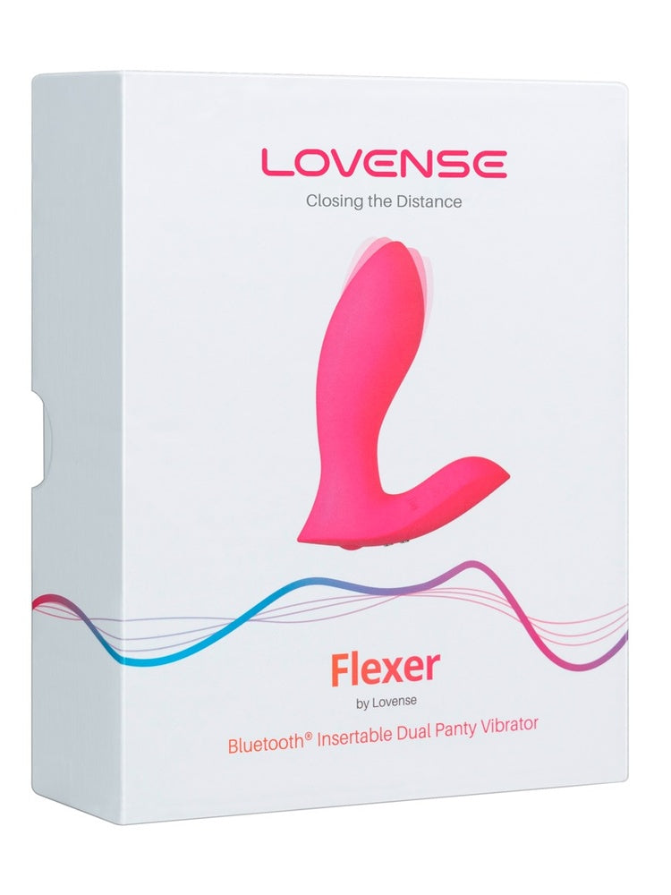 Forside av emballasjen – hvit eske med produktbilde og teksten «Flexer – Bluetooth Insertable Dual Panty Vibrator».