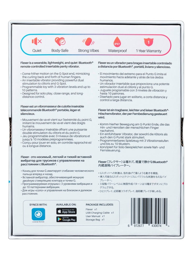 Bakside av emballasjen med produktinformasjon og ikoner for stillegående drift, kroppssikkert materiale, sterke vibrasjoner, IPX7 vanntetthet og 1 års garanti.