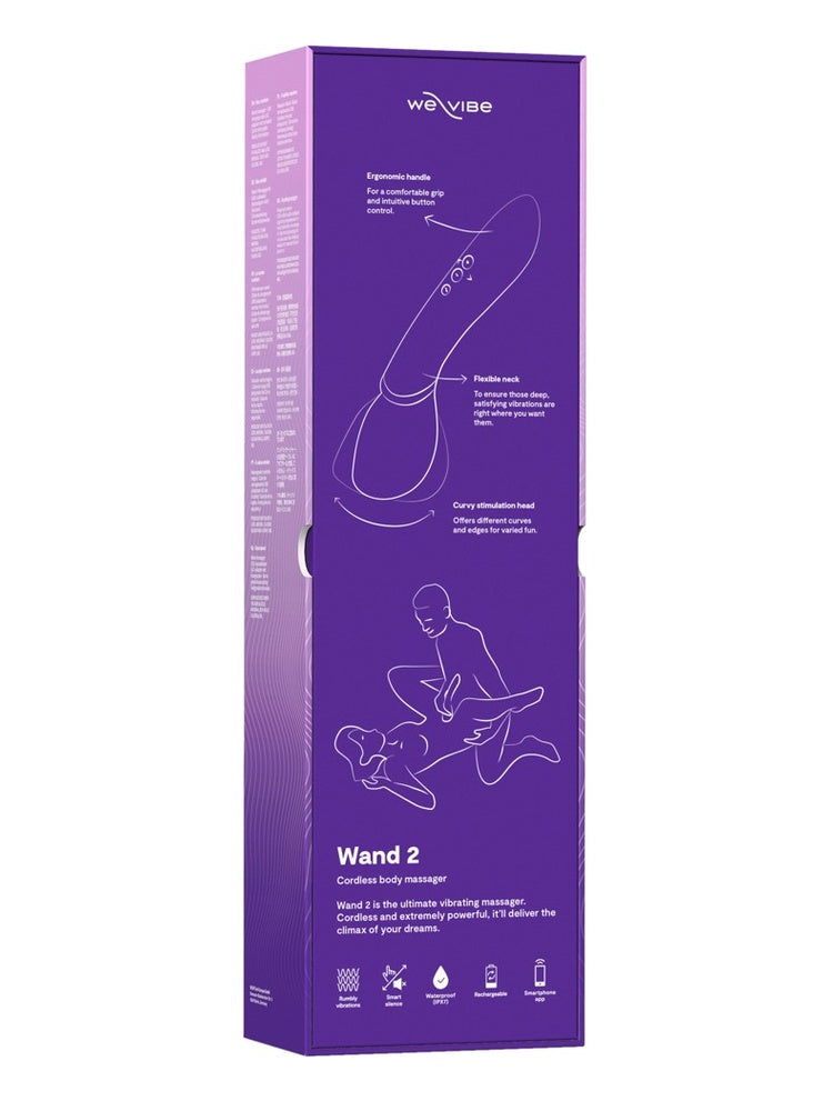 Baksiden av We-Vibe Wand 2-esken – viser produktfunksjoner som fleksibel hals, Smart Silence og appstyring