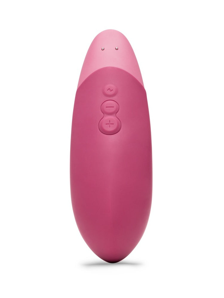 Womanizer Vibe klitorisstimulator i rosa, sett bakfra med kontrollknapper og magnetiske ladekontakter
