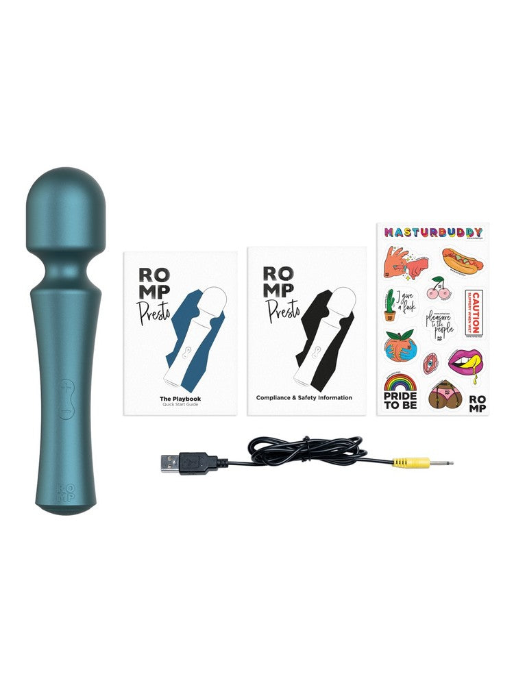 ROMP Presto – massasjestav med USB-ladekabel, hurtigstartguide og klistremerker