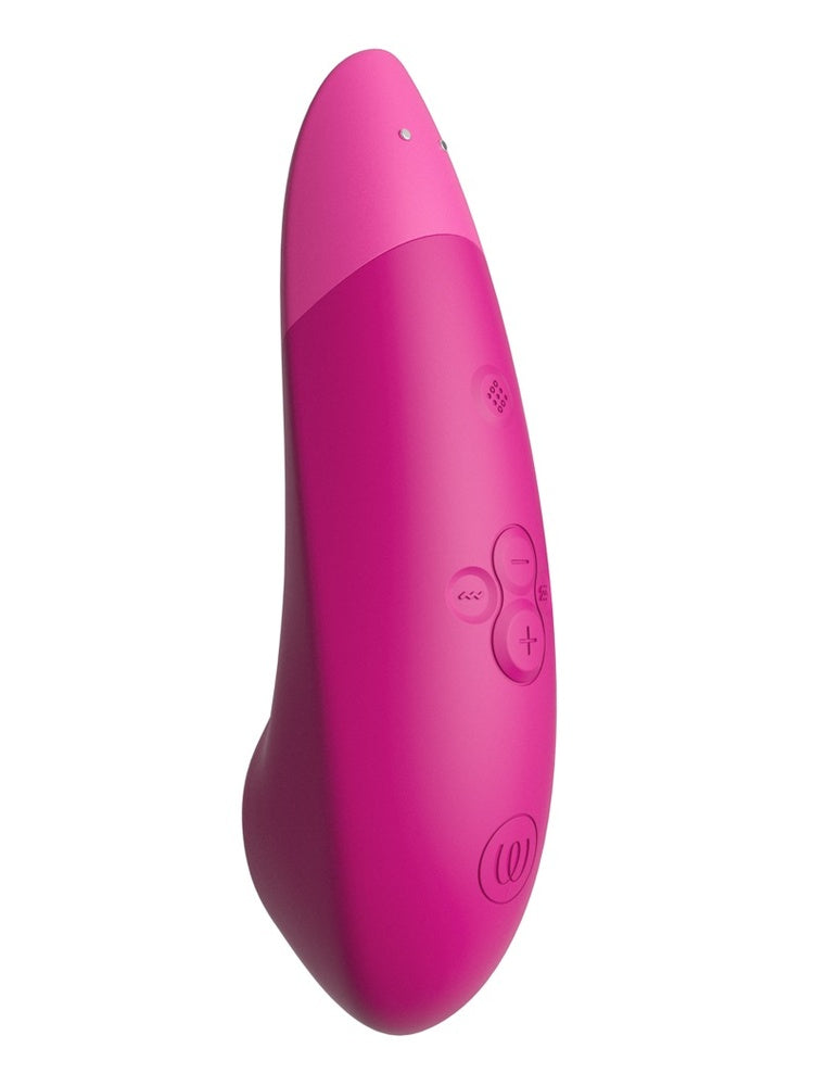 Womanizer Enhance i rosa, skrå visning med kontrollpanel og logo.
