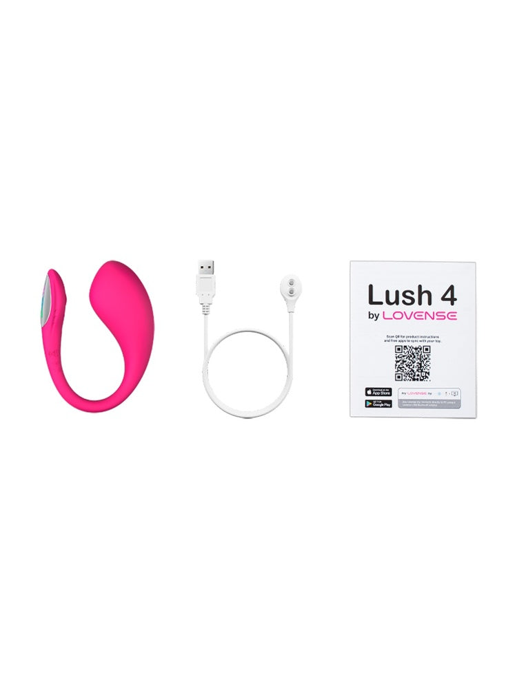 Innhold i pakken: Lovense Lush 4, magnetisk USB-ladekabel og bruksanvisning med QR-kode.
