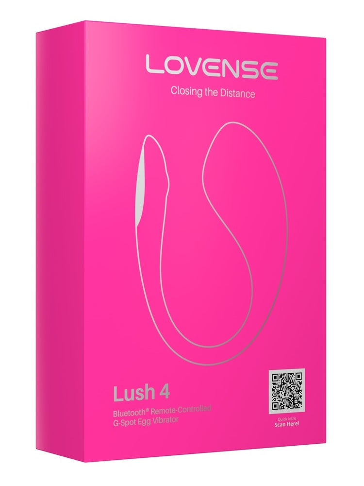 Forside av emballasjen – rosa eske med produktillustrasjon, LOVENSE-logo og teksten «Lush 4 – Bluetooth Remote-Controlled G-Spot Egg Vibrator».