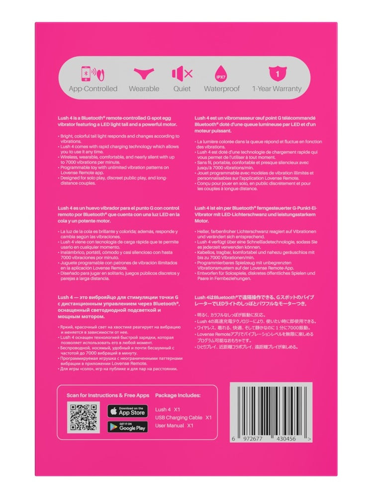 Bakside av emballasjen i magenta med produktinformasjon på flere språk og ikoner for appstyring, wearable design, stillegående drift, IPX7 vanntetthet og 1 års garanti.