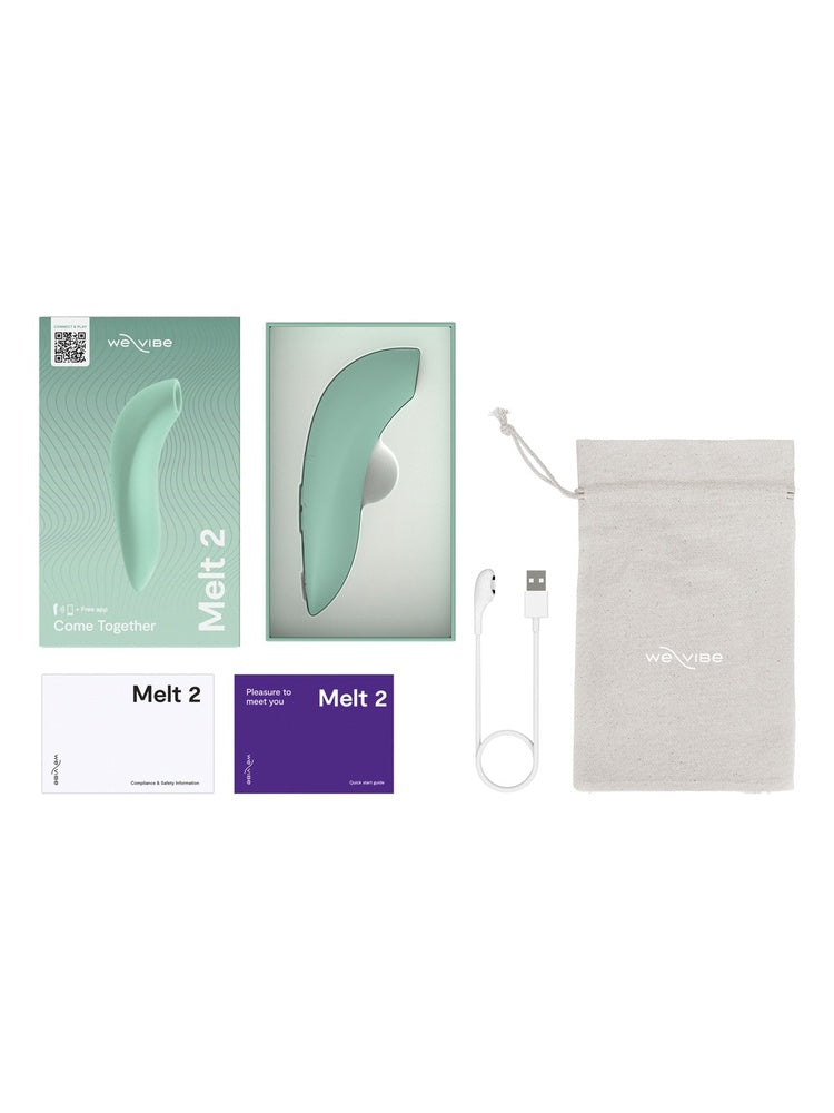 Innhold i pakken: We-Vibe Melt 2, ladekabel, oppbevaringspose og bruksveiledning.