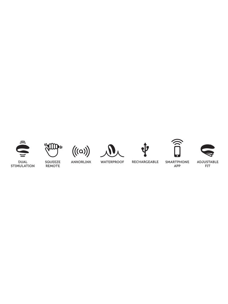 Ikonrad med produktegenskaper for We-Vibe Chorus: Dual stimulation, Squeeze remote, AnkorLink, Waterproof, Rechargeable, Smartphone app, Adjustable fit.