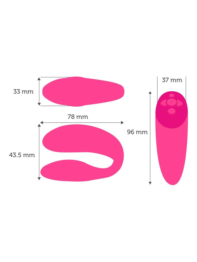 Måttdiagram for We-Vibe Chorus: vibrator 78 × 43,5 mm (sett forfra), intern arm 33 mm bred. Fjernkontroll 37 × 96 mm.