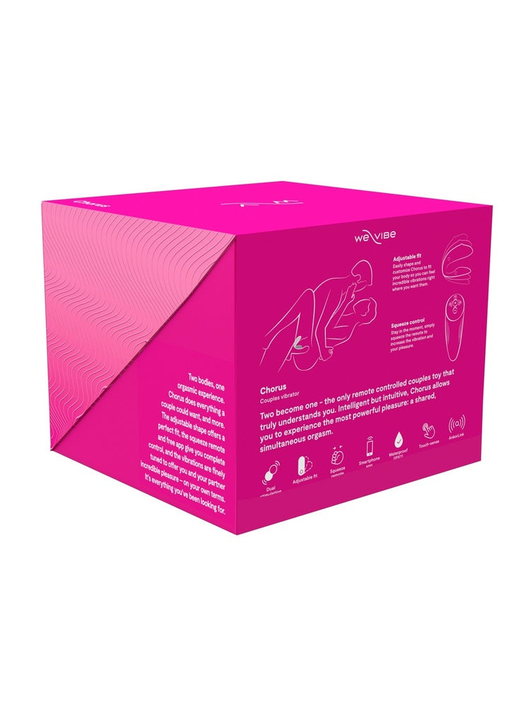 We-Vibe Chorus emballasje, bakside med produktbeskrivelse og funksjonsikoner på cerise bakgrunn med bølgemønster.