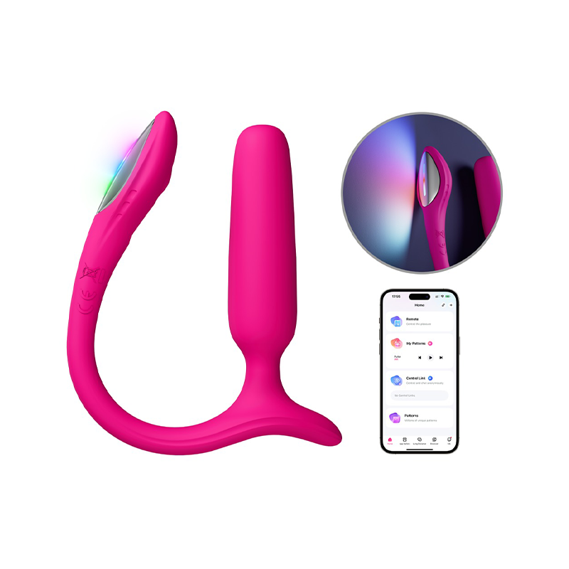 Rosa appstyrt sexleketøy med lys, avbildet med detaljbilde og mobilskjerm.