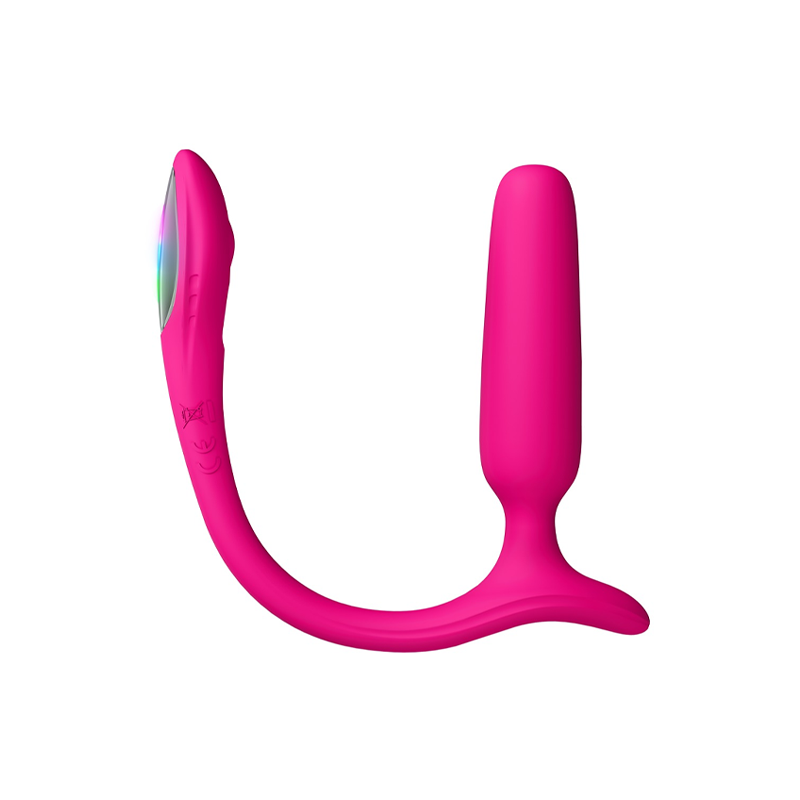 Rosa, fleksibel sexleketøy i silikon med to ender og buet design på hvit bakgrunn.