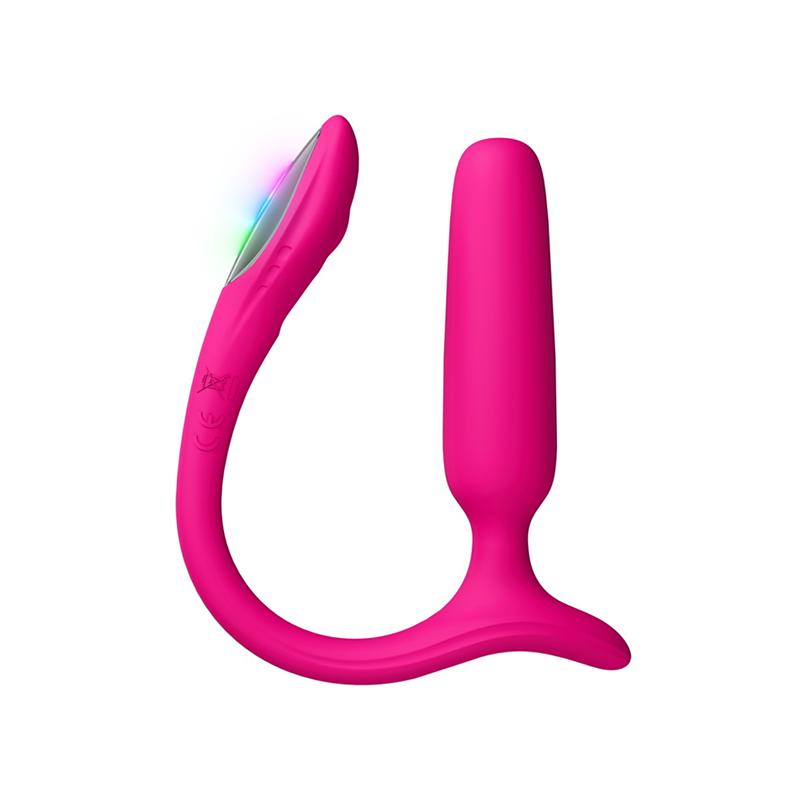 Rosa dobbel vibrator med buet design og LED-lys, sexleketøy for voksne på hvit bakgrunn.
