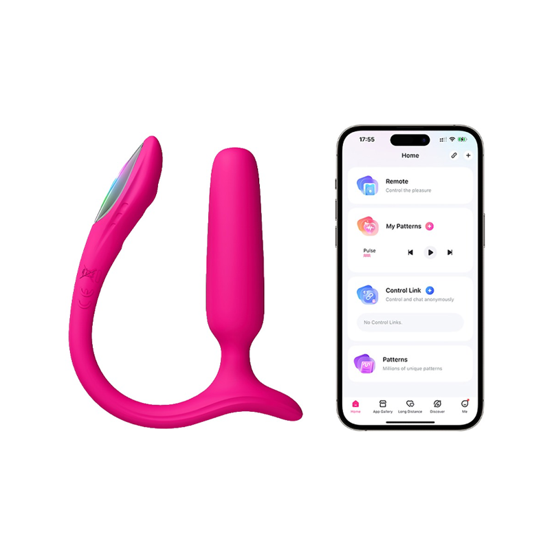 Rosa fjernstyrt vibrator med tilhørende mobilapp på hvit bakgrunn